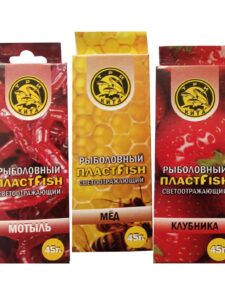 3 шт. Пластилин рыболовный мягкий насадочный ПлаcтФиш 3 вкуса (Мотыль, Мёд, Клубника) с блестками